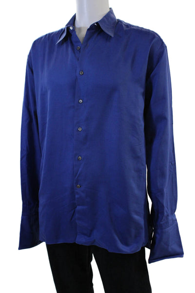 Lorenzini Mens Point Collar Dress Shirt Blue Egyptian Cotton Long Sleeve Size M