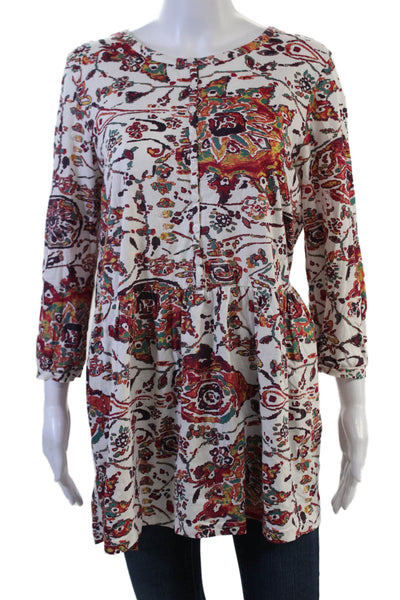 Peruvian Connection Women Tunic Silk Paisley White 3/4 Sleeve Boho Size L