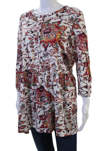 Peruvian Connection Women Tunic Silk Paisley White 3/4 Sleeve Boho Size L