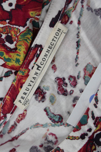 Peruvian Connection Women Tunic Silk Paisley White 3/4 Sleeve Boho Size L