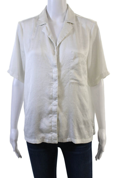 Open Edit Women Silk Collared Short Sleeve Button-Up Blouse White Size S