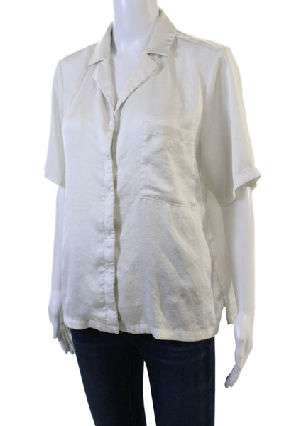 Open Edit Women Silk Collared Short Sleeve Button-Up Blouse White Size S