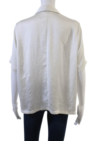 Open Edit Women Silk Collared Short Sleeve Button-Up Blouse White Size S