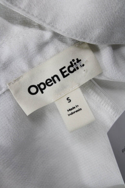 Open Edit Women Silk Collared Short Sleeve Button-Up Blouse White Size S
