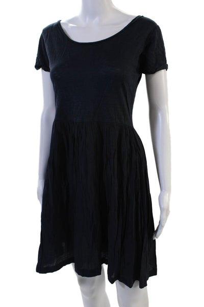 Sandro Women A-Line Mini Dress Dark Blue Round Neck Zip Short Sleeve Size 1