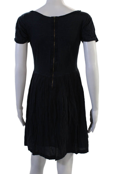 Sandro Women A-Line Mini Dress Dark Blue Round Neck Zip Short Sleeve Size 1