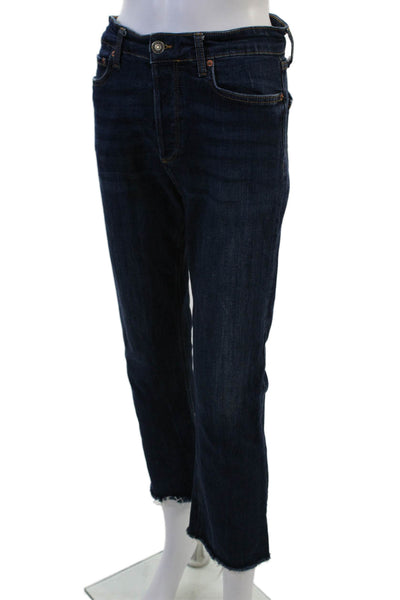 Zara Womens Cropped Dark Blue Mid Rise Button Jeans Size 6