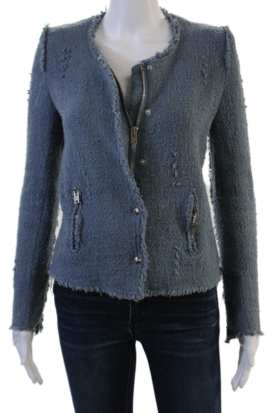 IRO Womens Designer Cotton Button Blazer Blue Crew Neck Long Sleeve Size 36