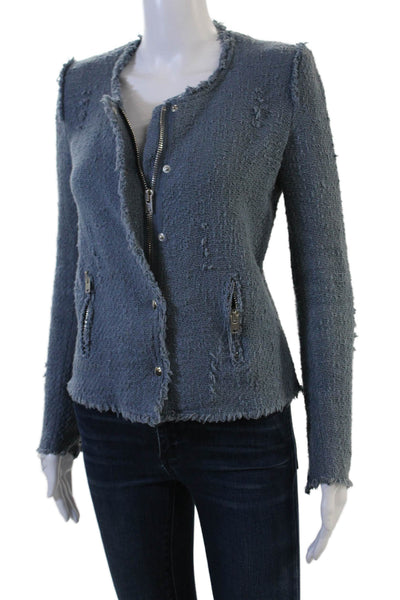 IRO Womens Designer Cotton Button Blazer Blue Crew Neck Long Sleeve Size 36