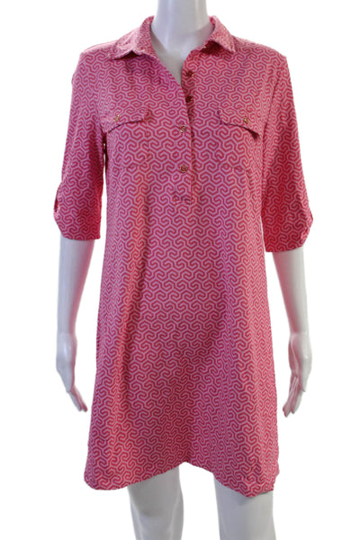 J. Mclaughlin Women Shirt Dress Pink Geometric Button 3/4 Sleeve Size M