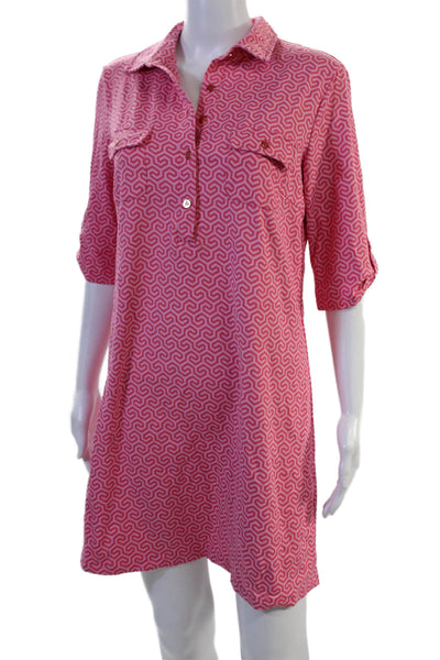 J. Mclaughlin Women Shirt Dress Pink Geometric Button 3/4 Sleeve Size M