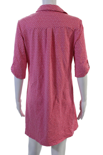 J. Mclaughlin Women Shirt Dress Pink Geometric Button 3/4 Sleeve Size M