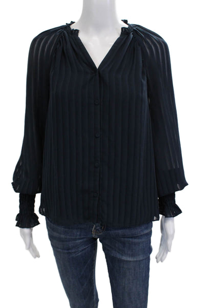 Ramy Brook Womens Dark Blue Striped V-Neck Button Up Blouse Longsleeve Size 2XS