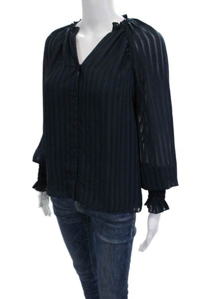 Ramy Brook Womens Dark Blue Striped V-Neck Button Up Blouse Longsleeve Size 2XS
