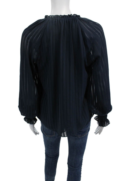 Ramy Brook Womens Dark Blue Striped V-Neck Button Up Blouse Longsleeve Size 2XS