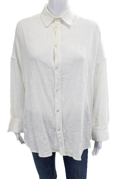 Indah Women Collared Button Up Long Sleeve Cotton White Size XS
