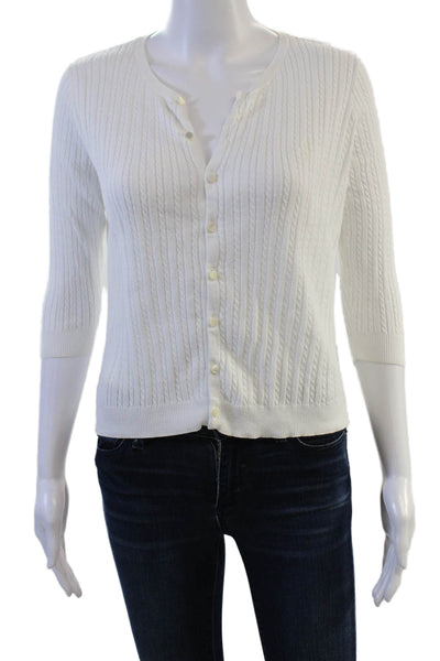 Ralph Lauren Sport Women White Striped Cotton Cardigan 3/4 Sleeve Button Size M