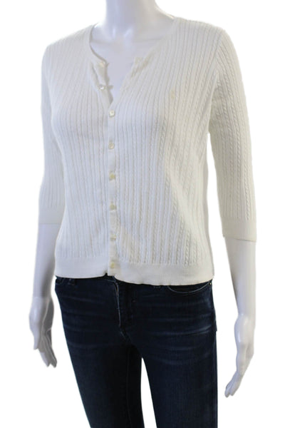 Ralph Lauren Sport Women White Striped Cotton Cardigan 3/4 Sleeve Button Size M