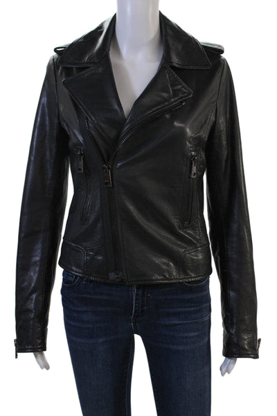 Rizal Womens Biker Jacket Black Collared Zip Long Sleeve Cotton Blend Size M