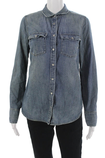 J Crew Women Basic Button-Up Collared Long Sleeve Top Dark Blue Cotton Size 4