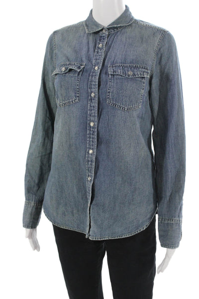 J Crew Women Basic Button-Up Collared Long Sleeve Top Dark Blue Cotton Size 4