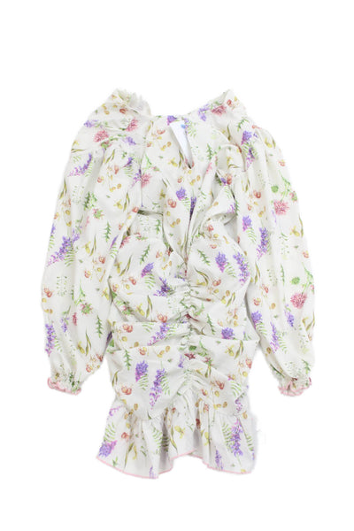 Dalai Girls Floral Print Long Sleeve V-Neck Ruched Mini Dress White Size 12
