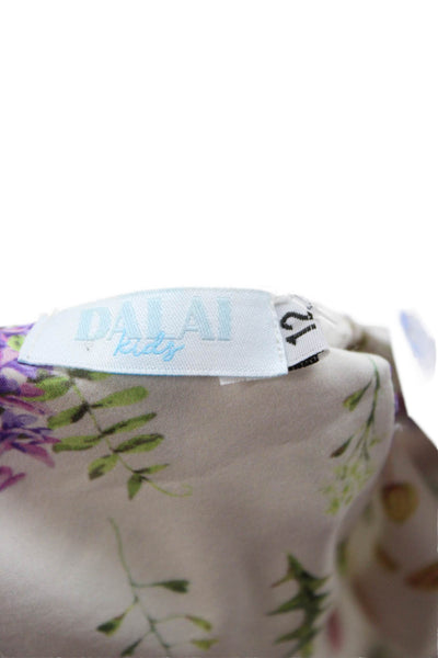 Dalai Girls Floral Print Long Sleeve V-Neck Ruched Mini Dress White Size 12