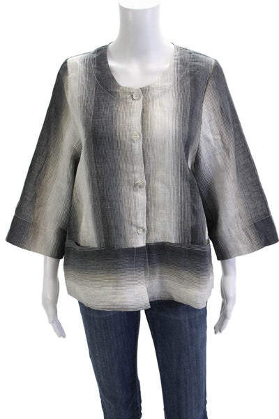 Alembika Womens Kimono Button-Up Black Silk Striped 3/4 Sleeve Size M