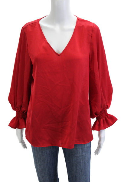 Vince Camuto Womens Tunic Blouse Red V-Neck Long Sleeve Polyester Size L