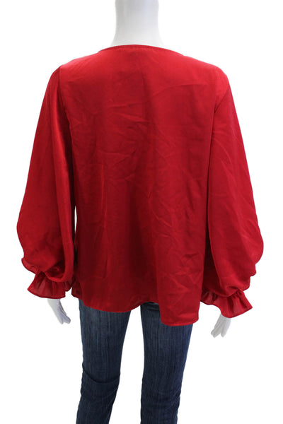 Vince Camuto Womens Tunic Blouse Red V-Neck Long Sleeve Polyester Size L