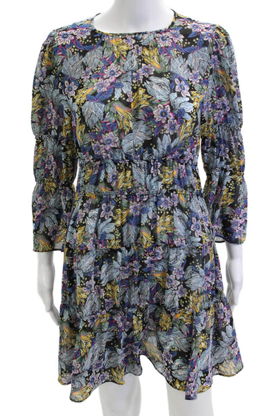 Cinq A Sept Women Fit-Flare Mini Dress Black Silkblend Floral Longsleeve Size 4