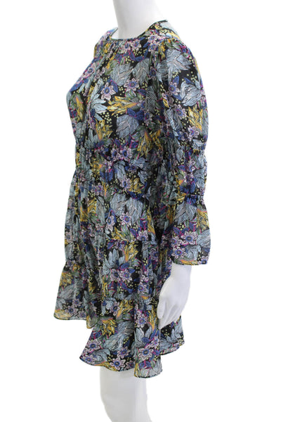Cinq A Sept Women Fit-Flare Mini Dress Black Silkblend Floral Longsleeve Size 4
