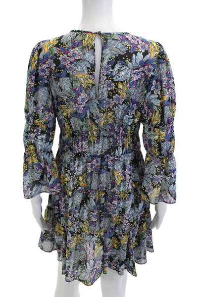 Cinq A Sept Women Fit-Flare Mini Dress Black Silkblend Floral Longsleeve Size 4