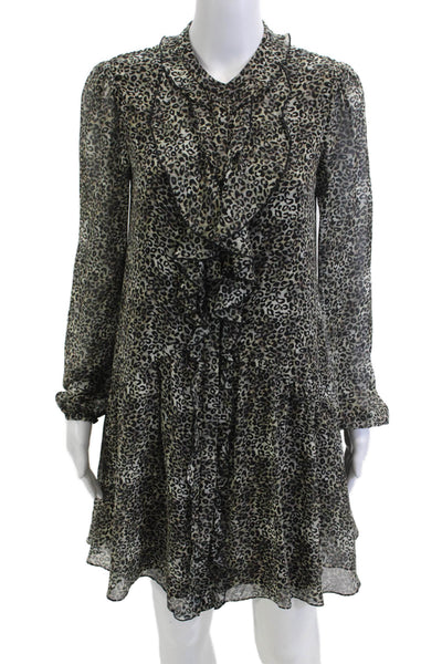 Saloni Womens Shirt Dress Black Silk Leopard High Neck Long Sleeve Size 4