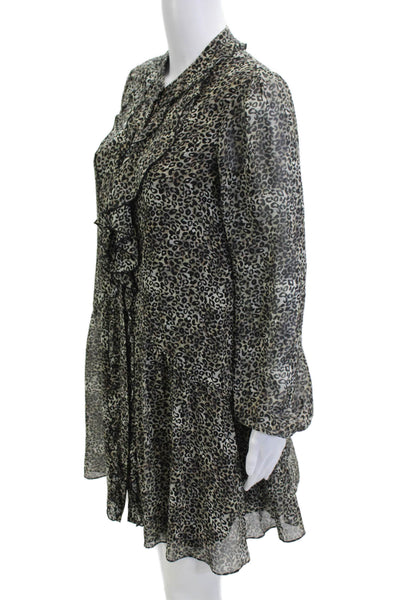 Saloni Womens Shirt Dress Black Silk Leopard High Neck Long Sleeve Size 4