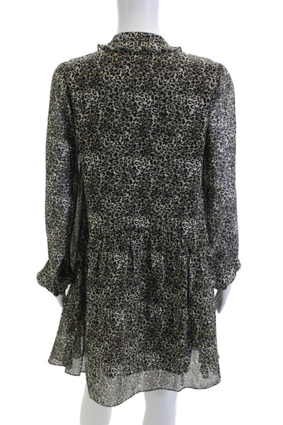 Saloni Womens Shirt Dress Black Silk Leopard High Neck Long Sleeve Size 4