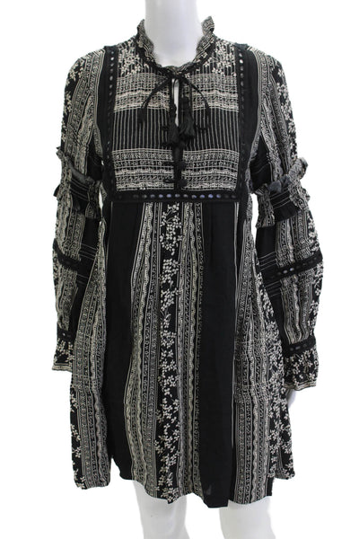 Sea New York Women Shift Dress Black Floral High Neck Long Sleeve Short Size 4