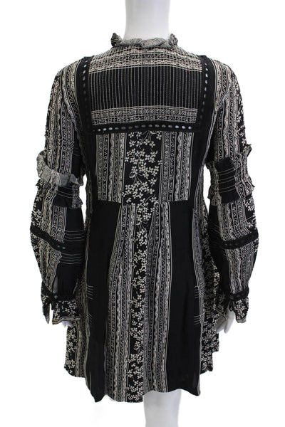 Sea New York Women Shift Dress Black Floral High Neck Long Sleeve Short Size 4