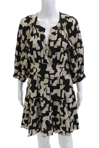 Ba&Sh Women Shirt Dress Beige 3/4 Sleeve Geometric 100% Viscose Size 4