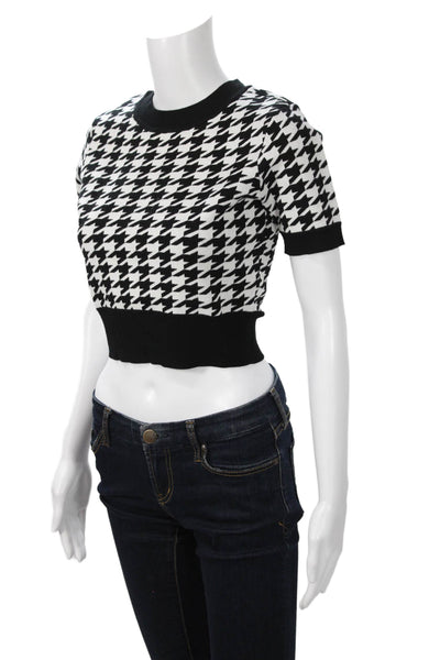 Toccin Womens Cropped Black Herringbone Crew Neck Short Sleeve T-Shirt Size XS