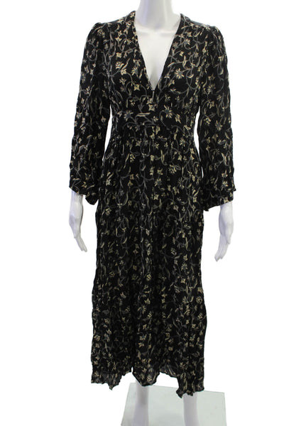 Doen Women Maxi V-Neck Black Floral Cotton Long Sleeve Dress Zip Size S