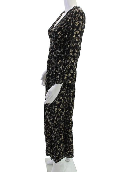 Doen Women Maxi V-Neck Black Floral Cotton Long Sleeve Dress Zip Size S