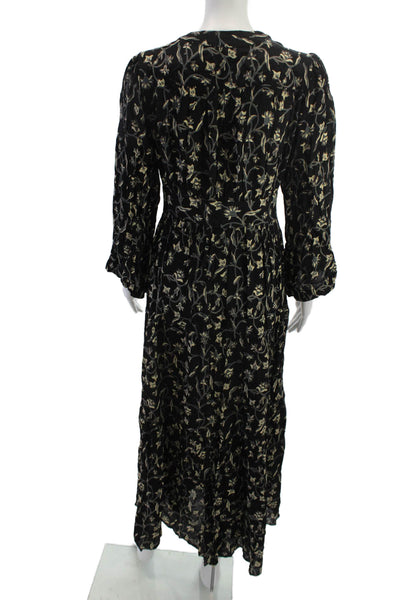 Doen Women Maxi V-Neck Black Floral Cotton Long Sleeve Dress Zip Size S