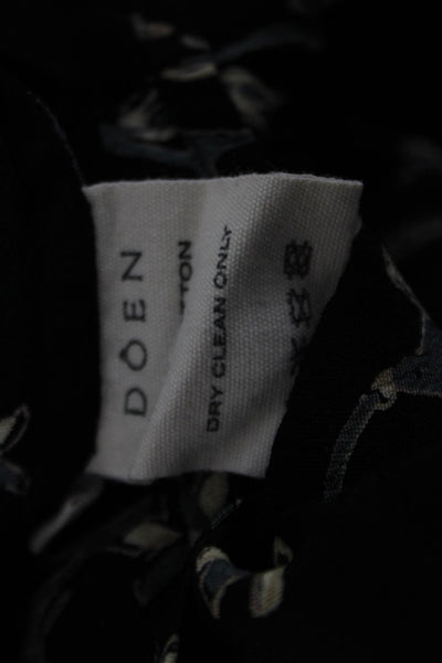 Doen Women Maxi V-Neck Black Floral Cotton Long Sleeve Dress Zip Size S