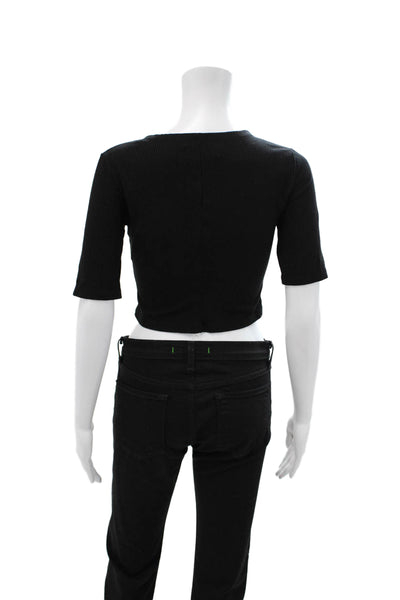 Reformation Women Cropped Black Cotton Modal Tee Short Sleeve Crew Neck Size M