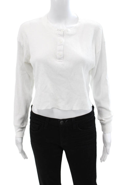 TNA Womens Cropped Basic Button-Up White Long Sleeve Crew Neck Size XS