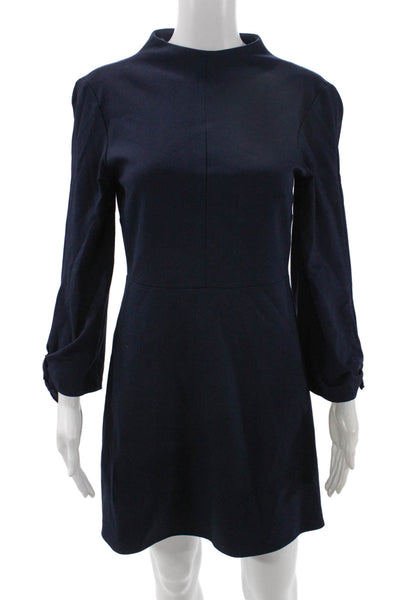 Tibi Womens Shift Mini Dress Dark Blue Mock Neck Long Sleeve Tie Waist Size 2