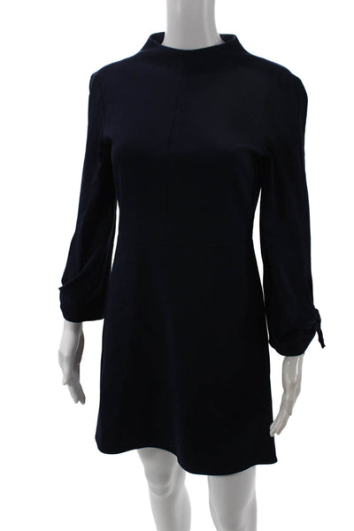 Tibi Womens Shift Mini Dress Dark Blue Mock Neck Long Sleeve Tie Waist Size 2