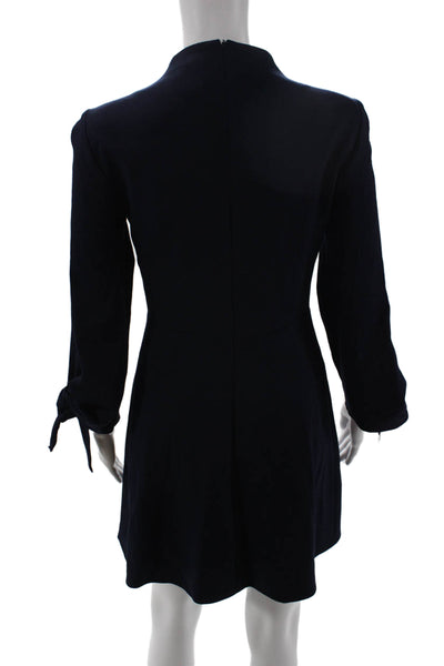 Tibi Womens Shift Mini Dress Dark Blue Mock Neck Long Sleeve Tie Waist Size 2