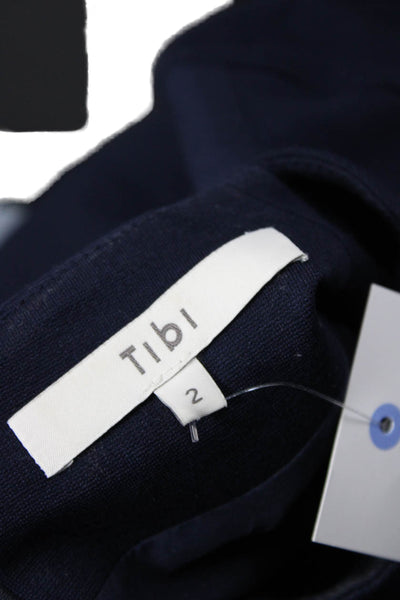 Tibi Womens Shift Mini Dress Dark Blue Mock Neck Long Sleeve Tie Waist Size 2